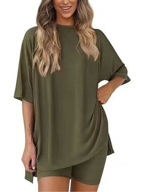 Olive Short Sleeve Tunic Shirt + High Waist Biker Shorts Lounge Set New Boutique